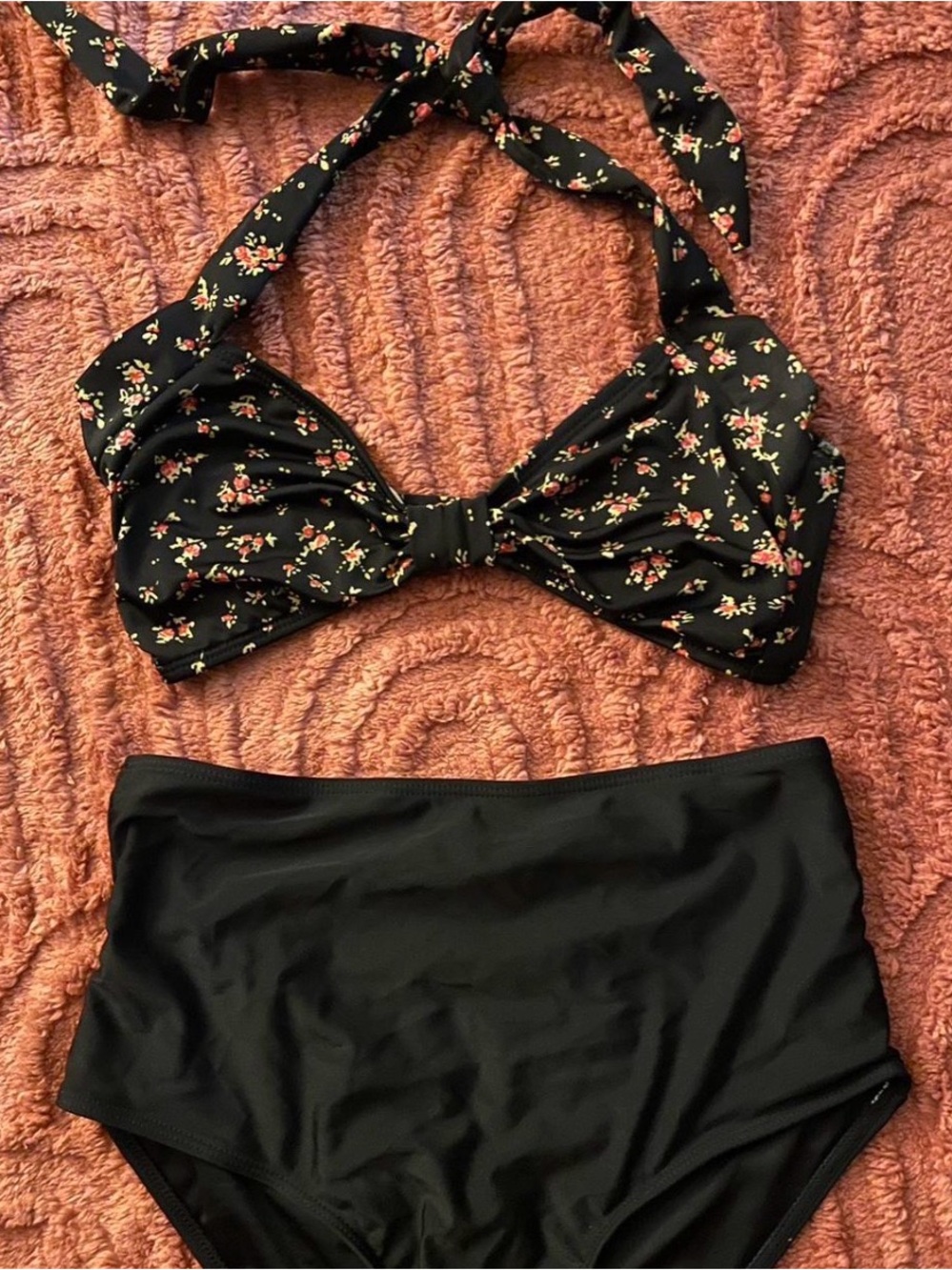 Black Floral Halter Bikini Top with Black High-Waist Bottoms